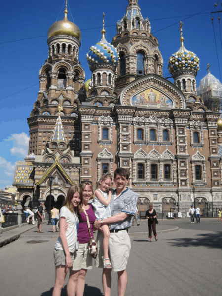 russia-st. petersburg-family outside church of spilled blood