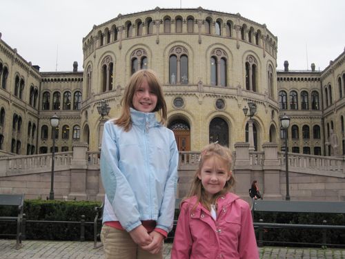 Girls outside Norwegian Parliament in Oslo