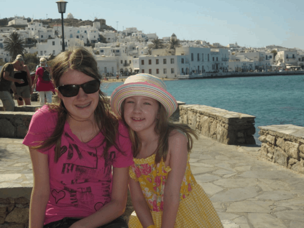 Greece-girls on beachfront in Mykonos