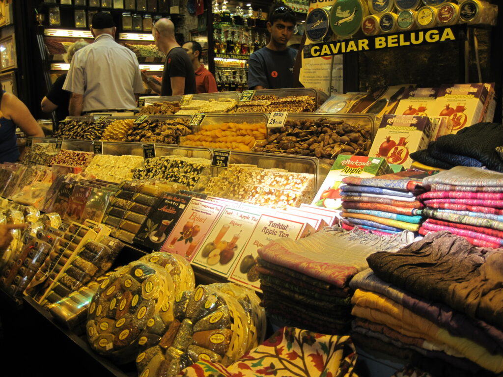 colourful scarves and candy on display at Istanbul's spice market.