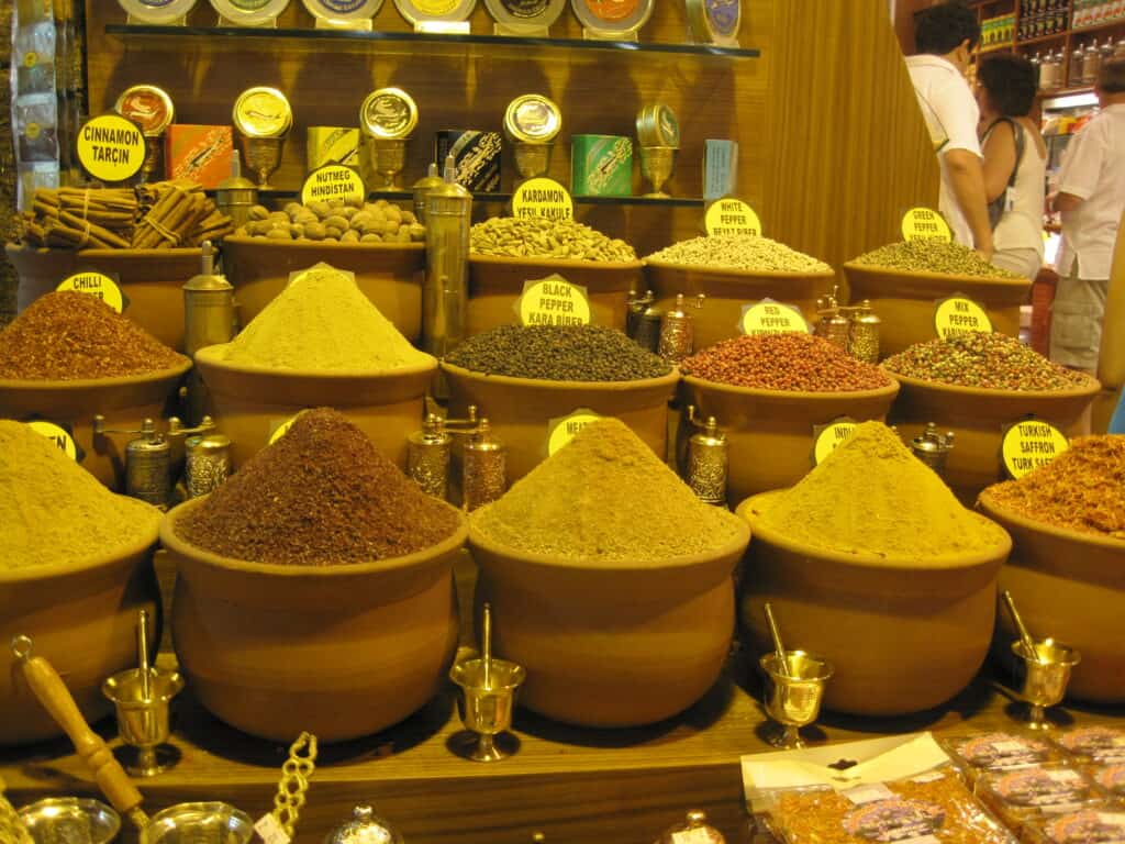 large earthenware pots filled with spices at Istanbul's Spice Market.