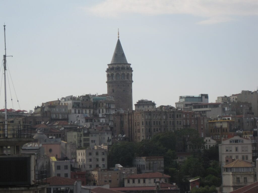 View of the Galata Tower from the balcony of our cruise ship docked in Istanbul, Turkey.