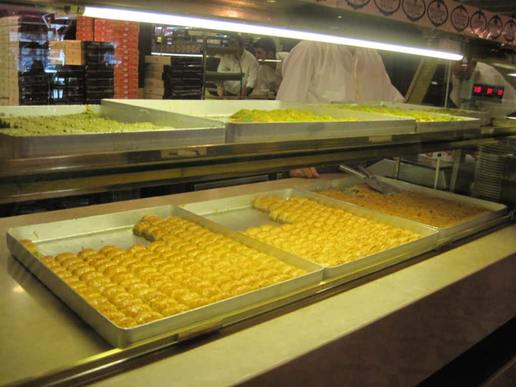 pans of baklava on display in a shop in Istanbul.
