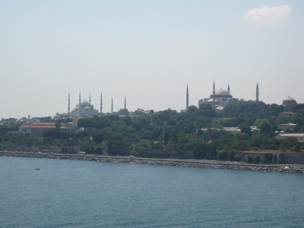 view of Istanbul from cruise ship sailing out of the port.