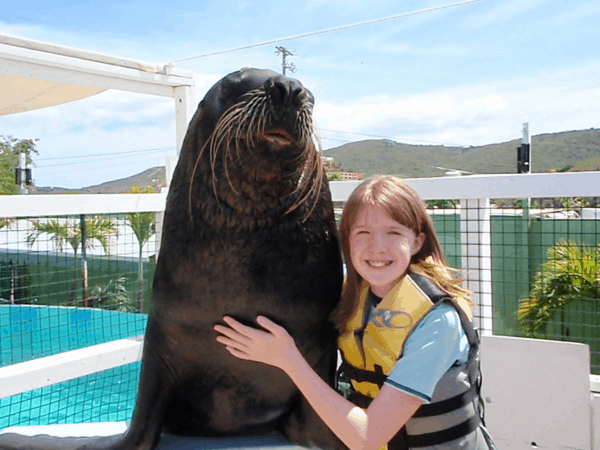 Posing with sea lion at Coral World, St. Thomas, USVI