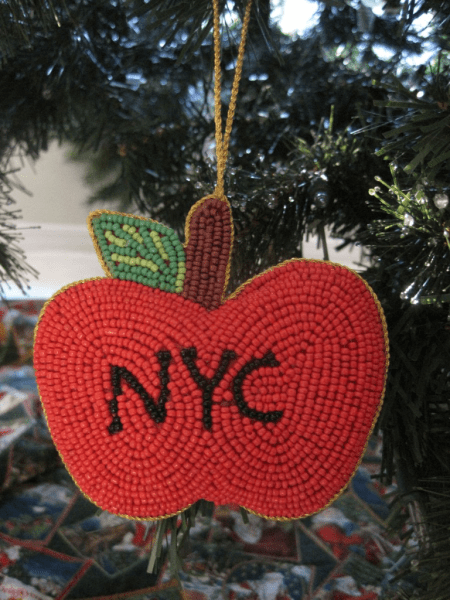A beaded Big Apple-Christmas ornament