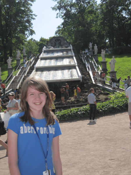 russia-st. petersburg-peterhof palace-girl in front of chess mountain