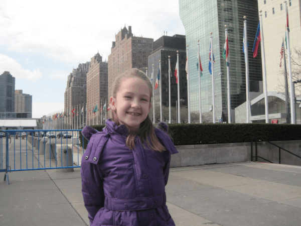 New York City-girl outside UN Headquarters