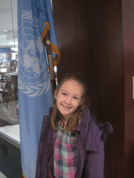 Emma with UN flag, New York City