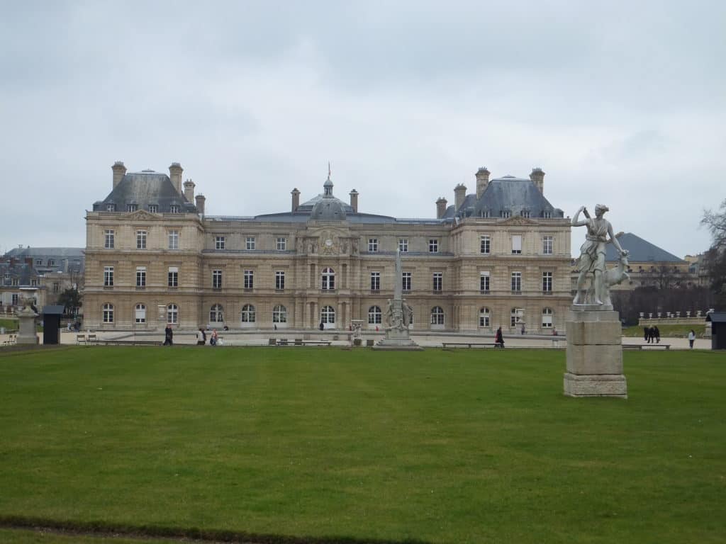 Luxembourg Palace in Luxembourg Gardens, Paris on an overcast spring day.