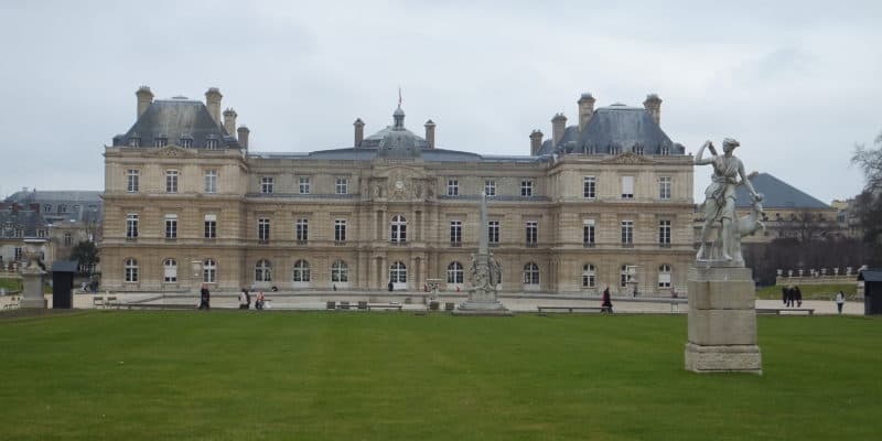 Luxembourg Palace in Luxembourg Gardens, Paris on an overcast spring day.