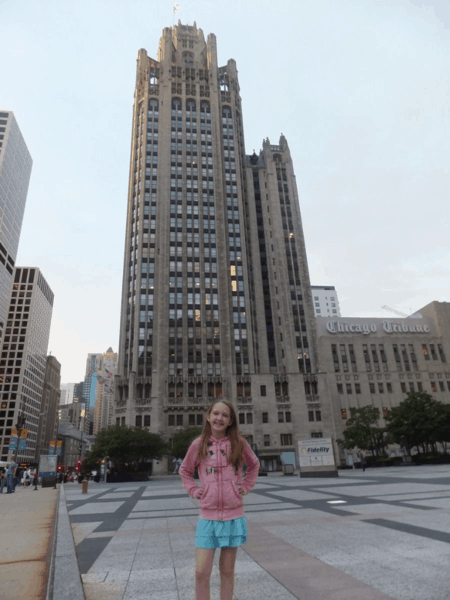 Chicago Tribune building-girl outside