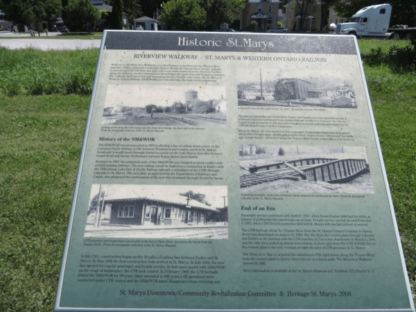 Railway history of St. Marys, Ontario - interpretive plaque on Riverview Walkway