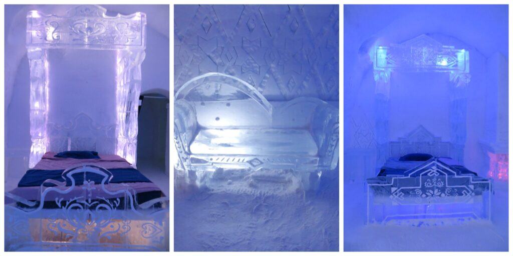 Quebec Ice Hotel - collage of three photos of Disney Frozen suite beds and sofa made from ice.