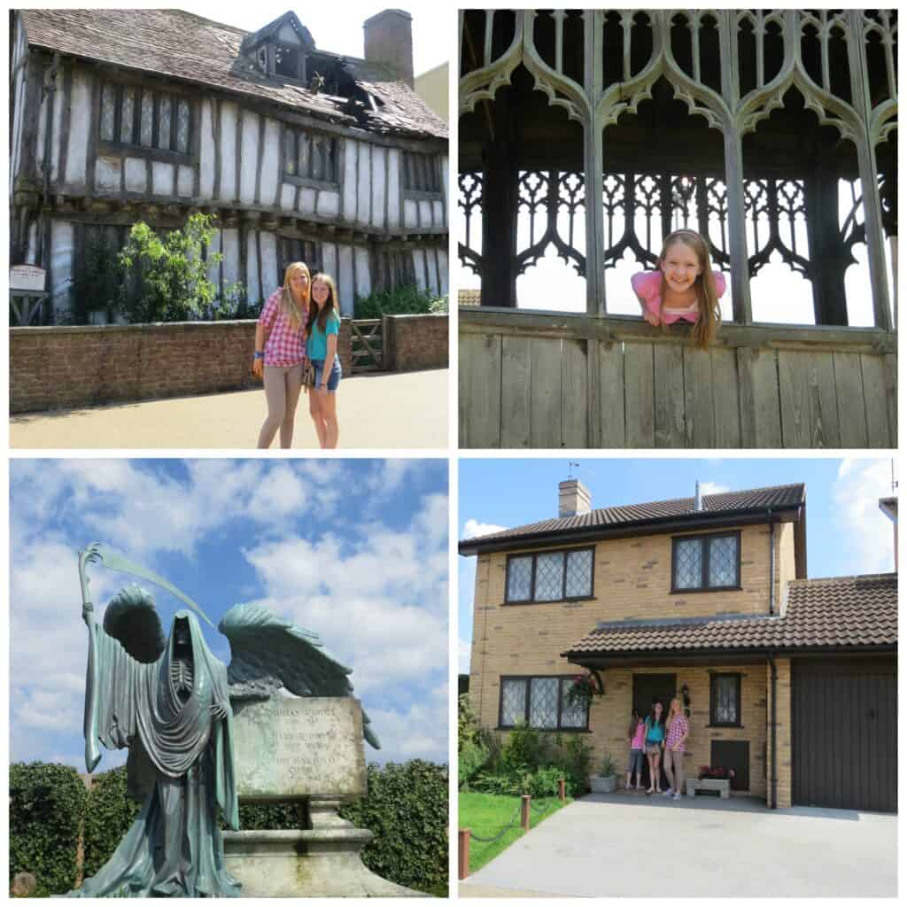 collage of four photos taken around the backlot at the making of harry potter.