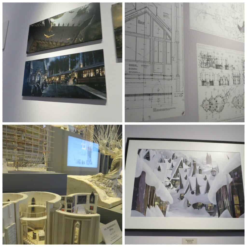 collage of four art department photos - the making of harry potter.