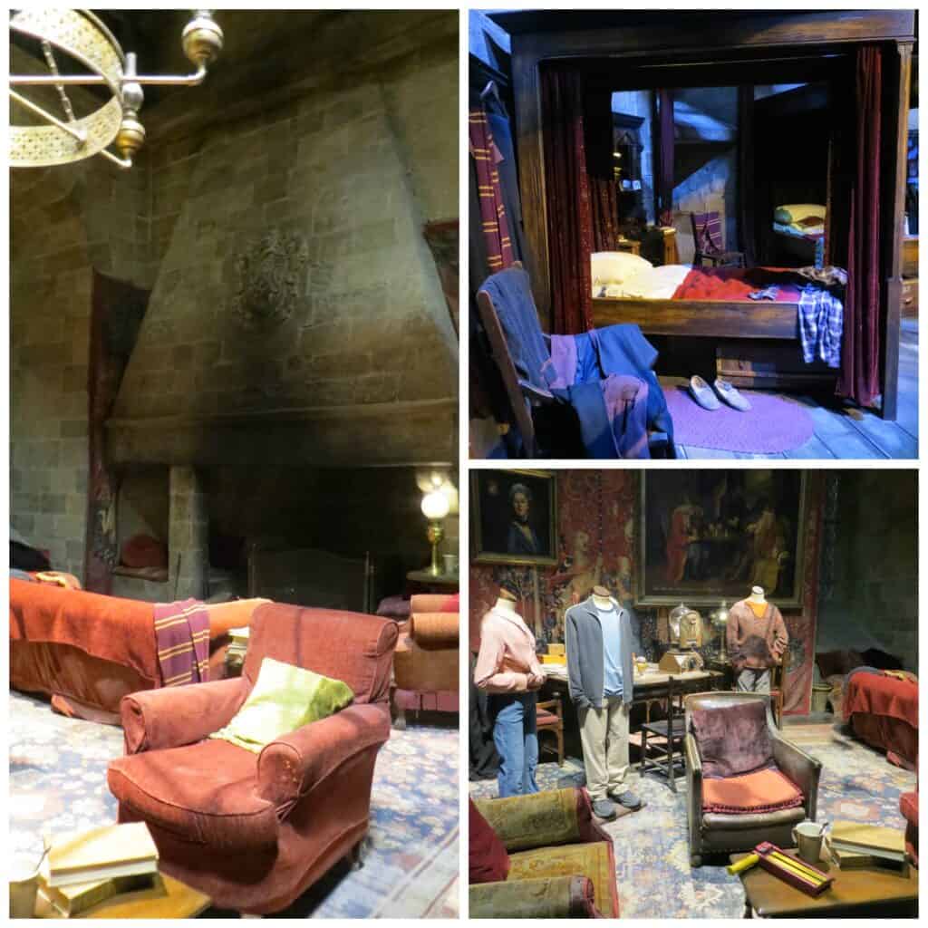 collage of three photos of Gryffindor common room, dorms and costumes.