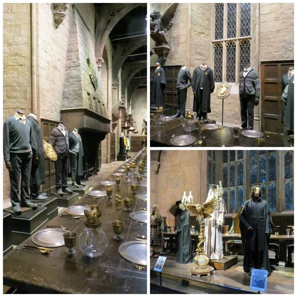 collage of three photos of the Great Hall with costumes on display