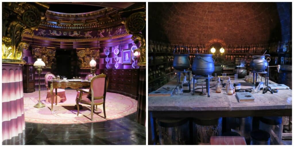 warner bros studio tour the making of harry potter - collage of two photos - umbridge's office and snape's potions classroom.