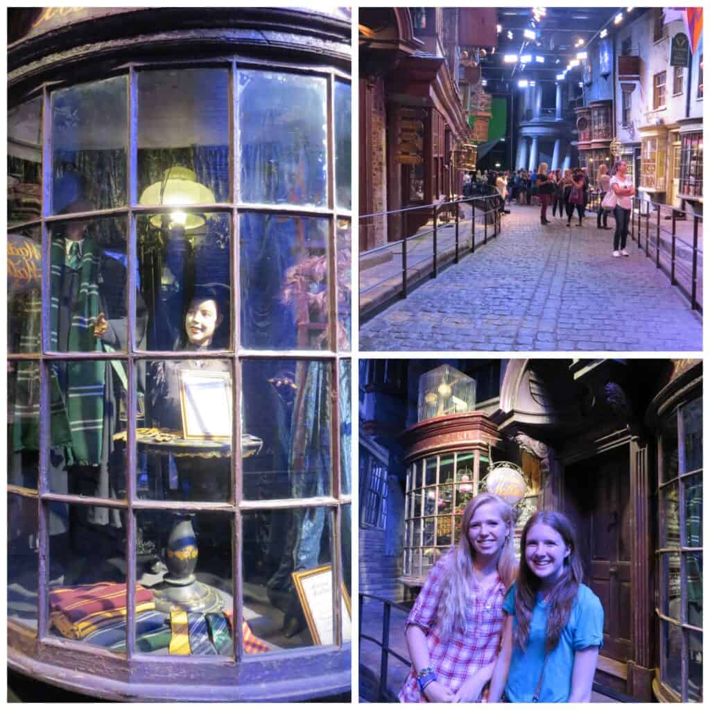 collage of diagon alley photos - the making of harry potter.