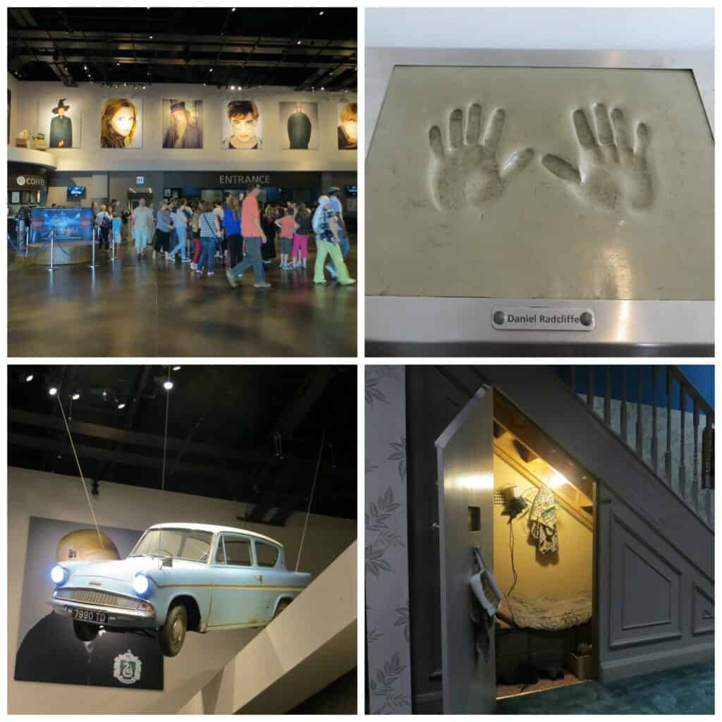 collage of four photos from entrance to The Making of Harry Potter - crowds by entrance inside, Daniel radcliffe handprints, blue car suspended from ceiling and the closet under the stairs.