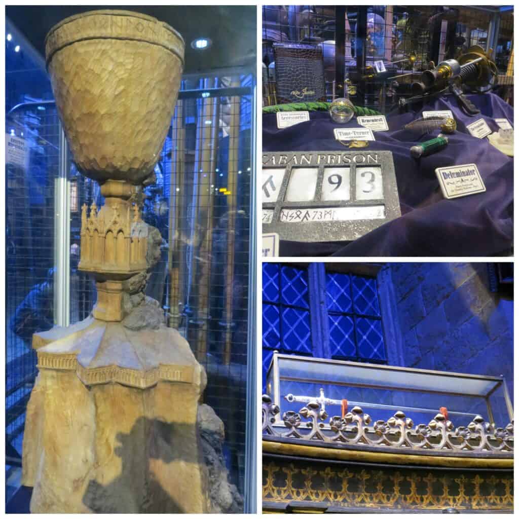 the making of harry potter collage of three photos - the goblet of fire, magical objects and the sword of gryffindor.