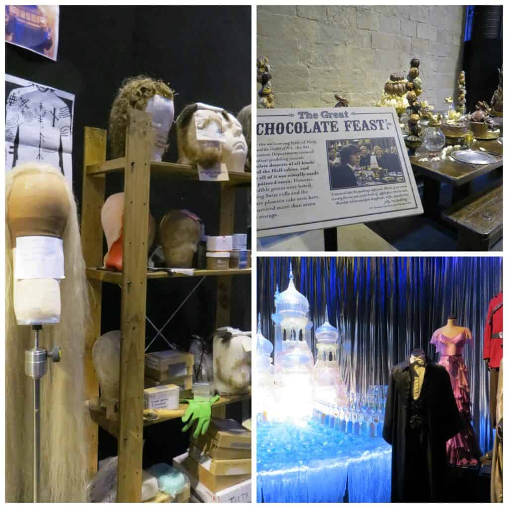 collage of three photos of wigs, props and costumes at Warner Bros. Studio Tour - England.