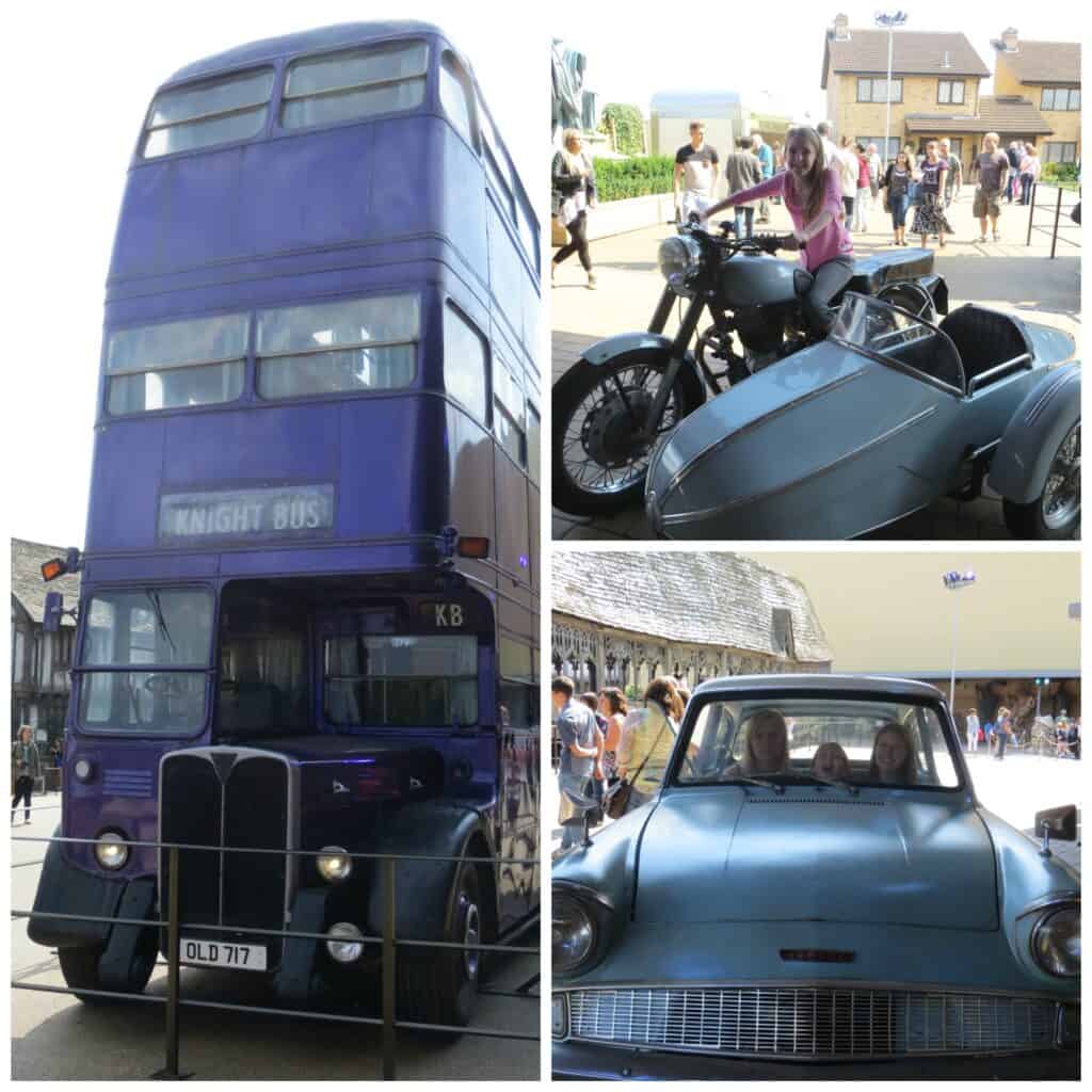 the making of harry potter backlot - collage of three photos - two decker purple Knight Bus, blue motorcycle and side car, blue car.