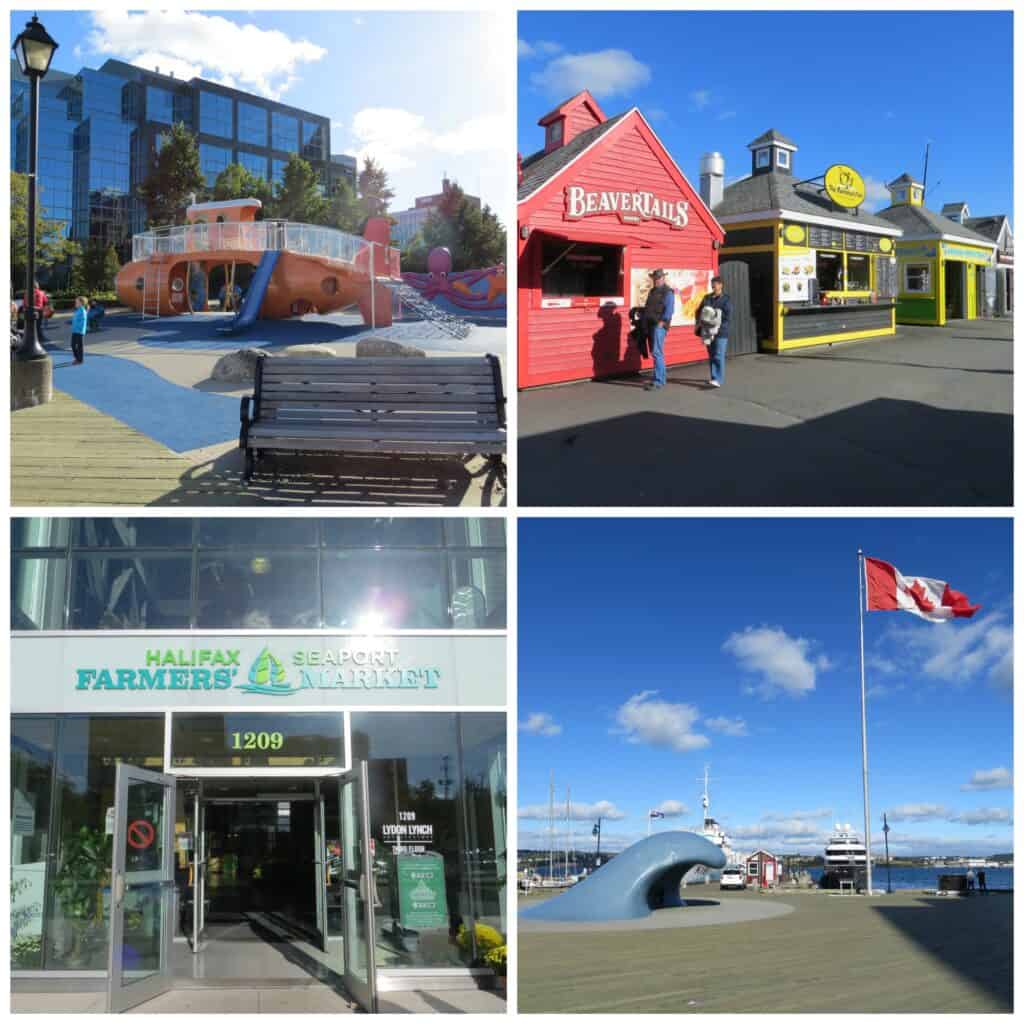 collage of four photos of Halifax waterfront - playground, food shacks, Halifax Seaport Farmers' Market and The Wave.