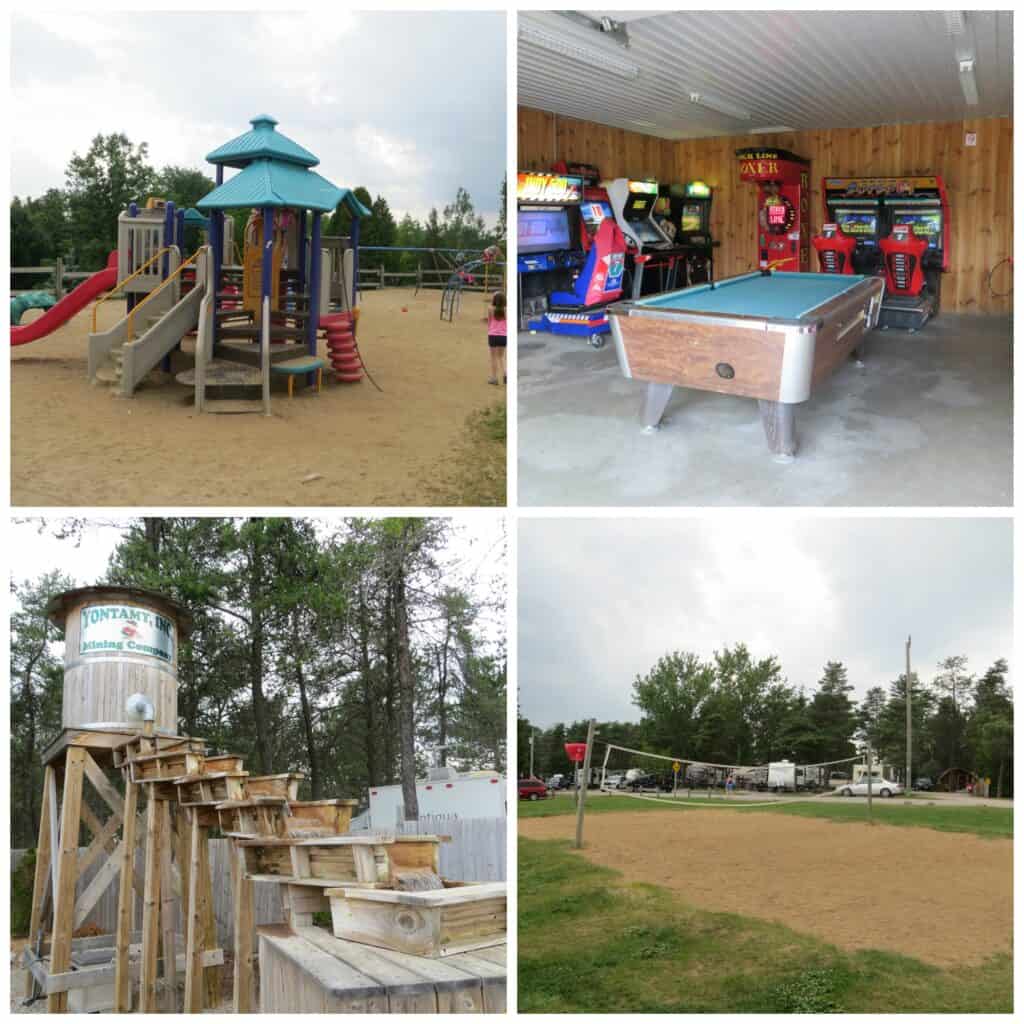 collage of four photos of Barrie KOA activities - playground, games room, mining tower, and sand volleyball court.