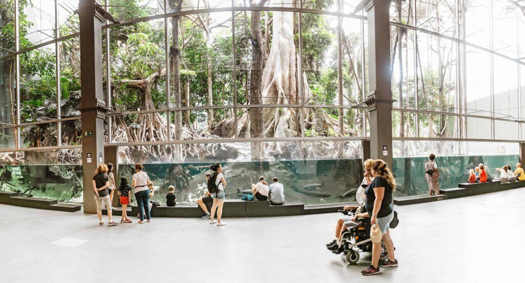 visitors in front of exhibit at CosmoCaixa museum of science, Barcelona, Spain.