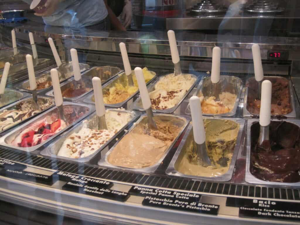 gelato in display case in Rome, Italy.