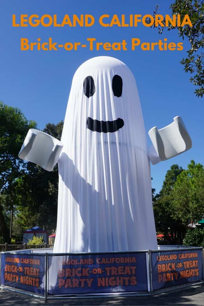 Image for Pinterest - large LEGO ghost at Legoland California with text overlay reading LEGOLAND CALIFORNIA Brick-or-Treat Parties.