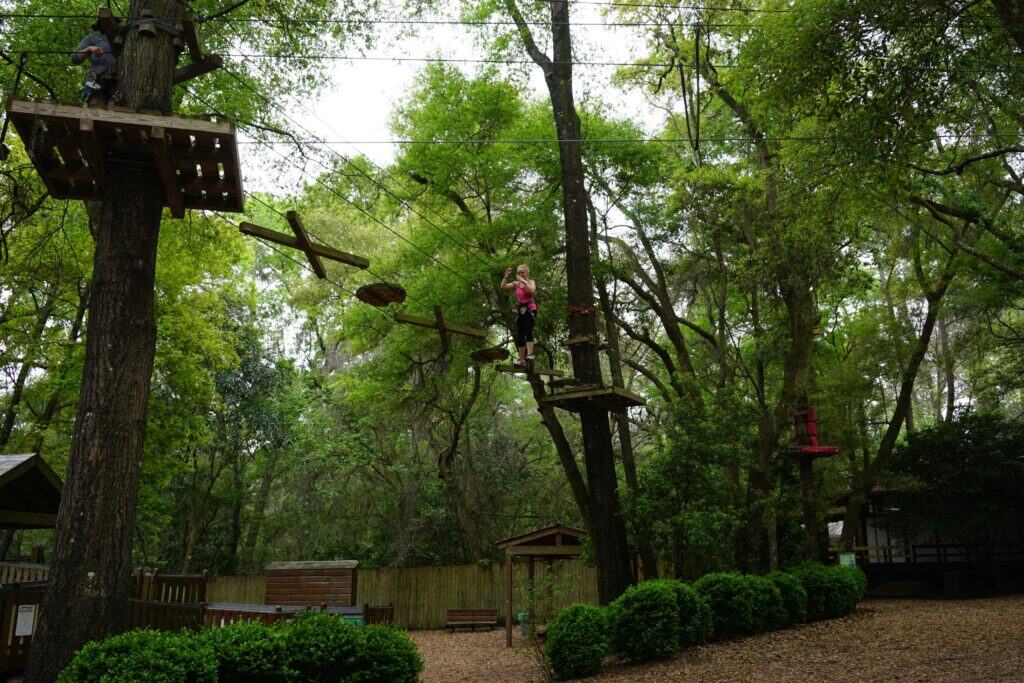 woman in black pants and red top on tree to tree obstacle course outdoors at Tallahassee Museum, Florida.