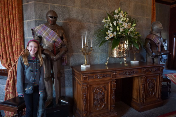 Ireland-dromoland castle-lobby-girl with suits of armour