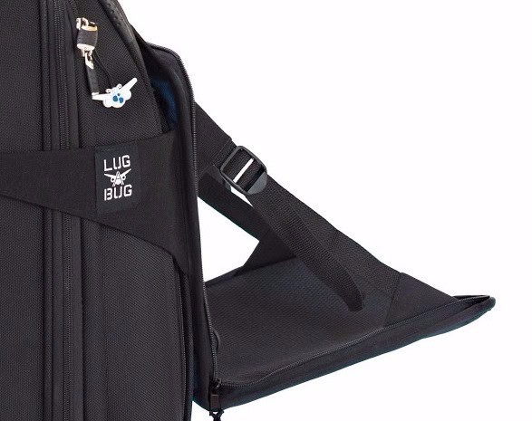 Lugabug travel seat attached to black suitcase.