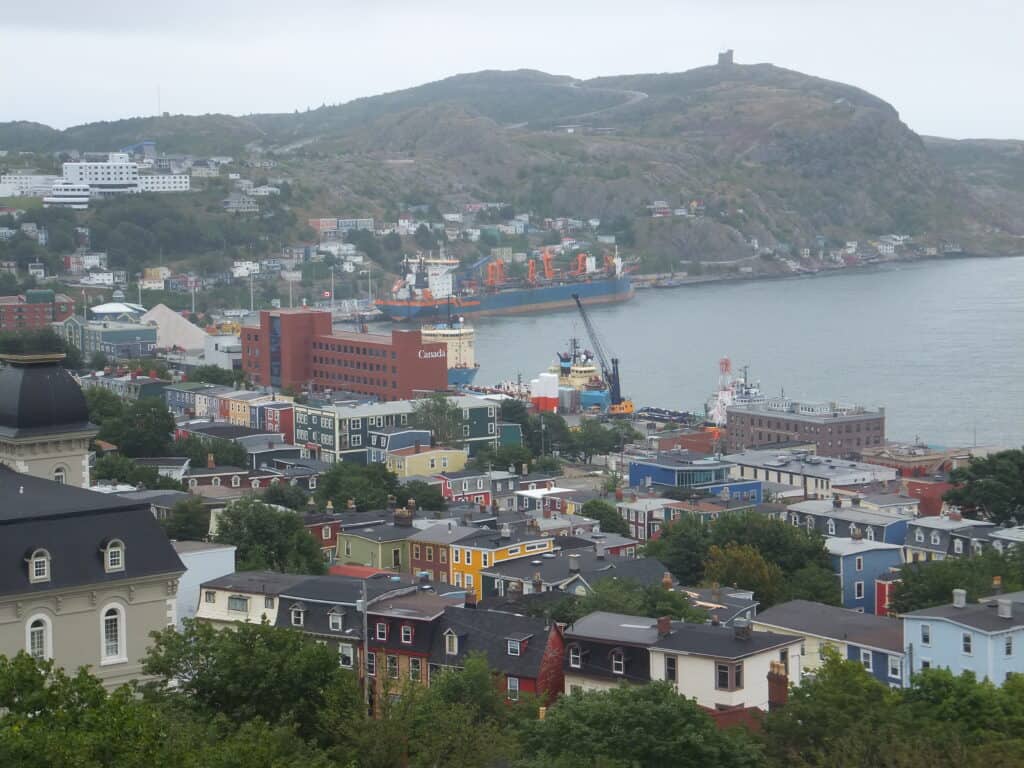 Colourful buildings leading down to the harbour - view from The Rooms in St. John's.