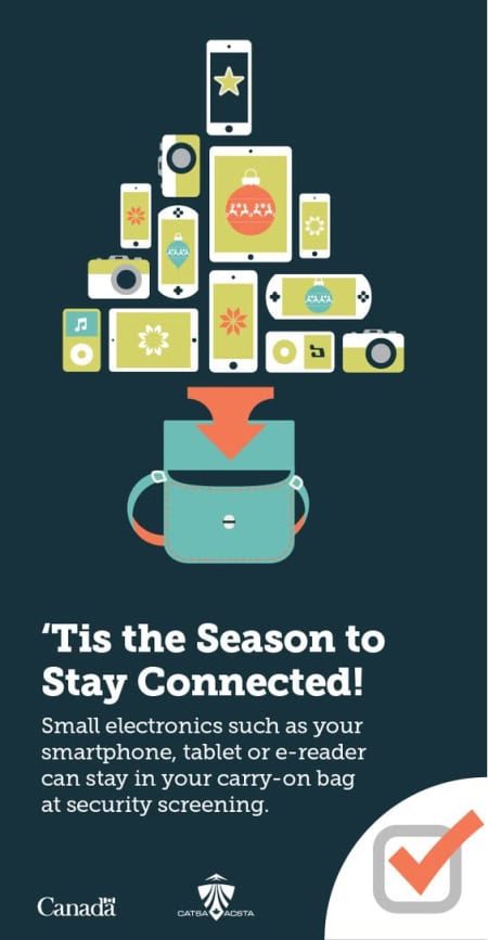 Graphic for CATSA holiday tips re electronics - 'Tis the Season to Stay Connected!