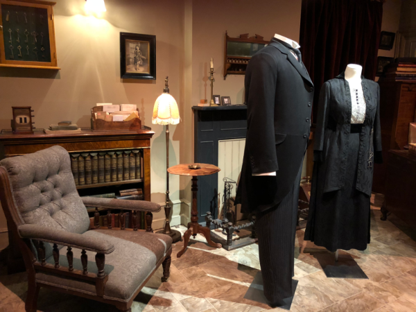 New york city-downton abbey exhibition-carson's office with costumes worn by Carson and Mrs. Hughes