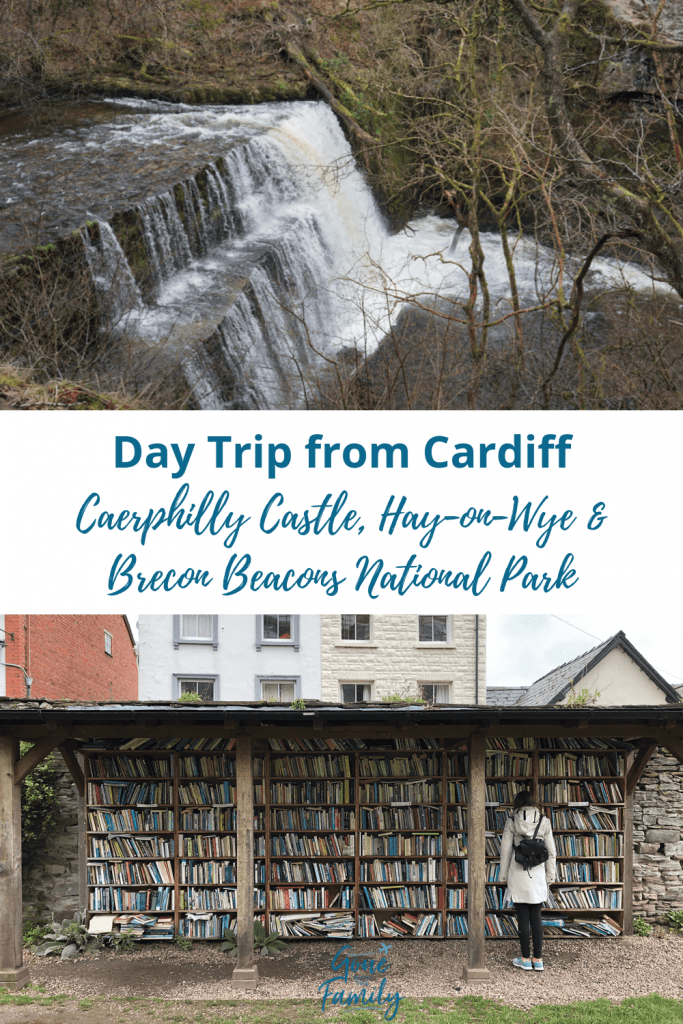 waterfall in brecon beacons national park early spring and girl in front of open air book shelves in Hay-on-Wye, Wales