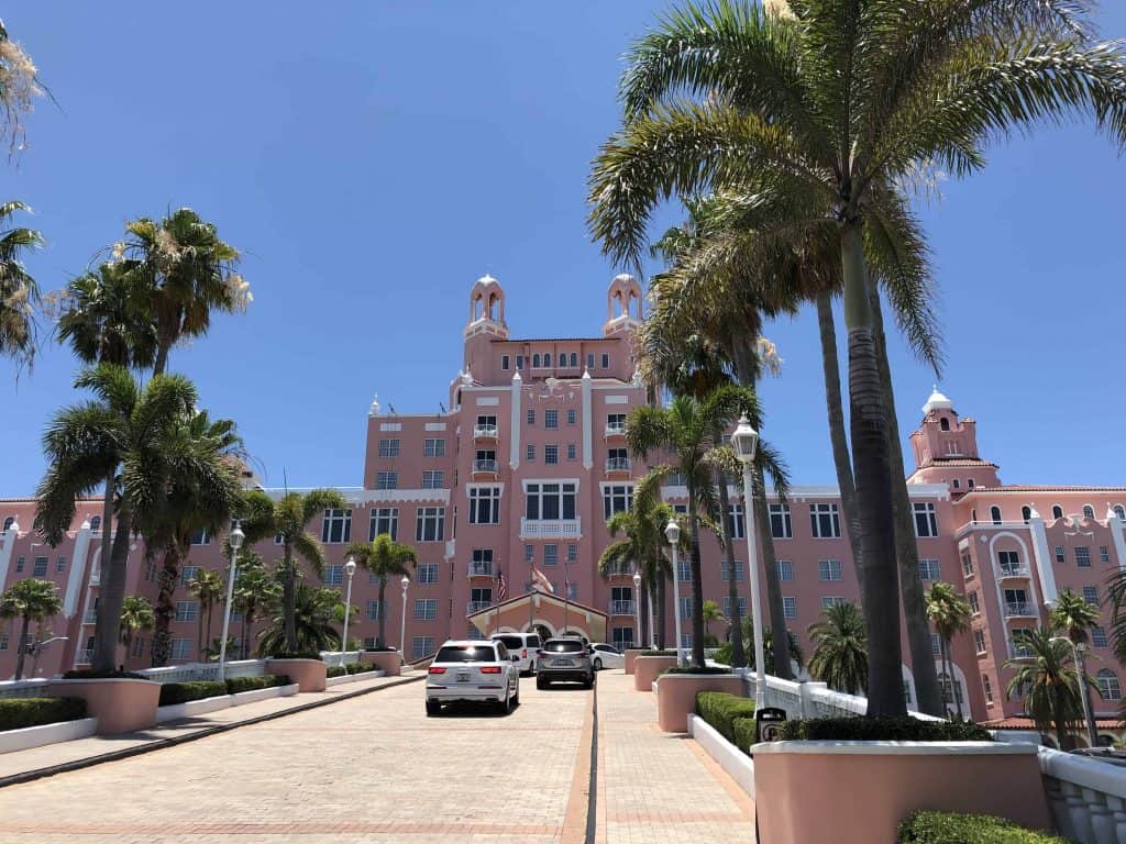 Palm-lined driveway leading to large pink hotel