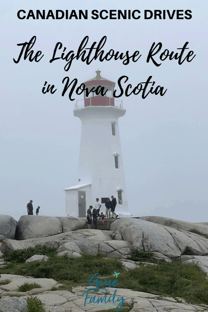 red and white lighthouse on rocky shore with overlay saying Canadian Scenic Drives The Lighthouse route in Nova Scotia