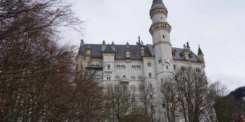 exterior of neuschwanstein castle germany early spring with bare trees