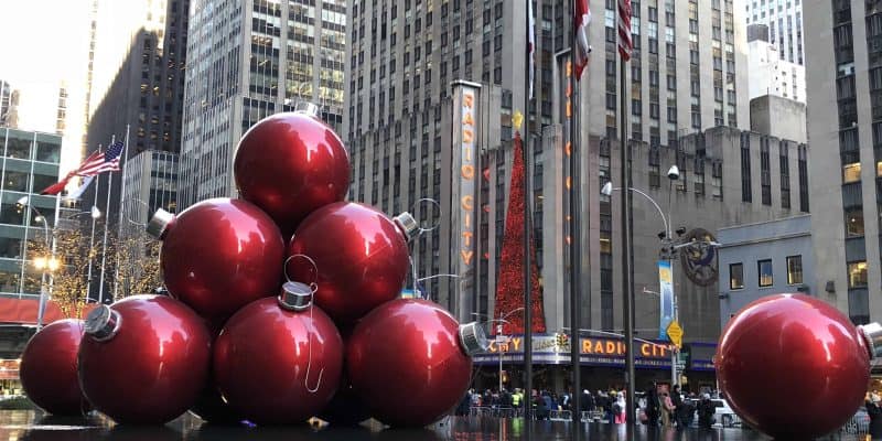 Christmas ornament decorations on 6th Avenue in New York City