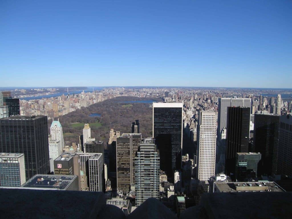 view of skyline and central park from top of the rockefeller building