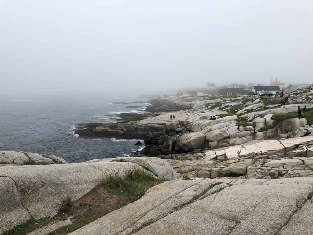 rocky ocean shore on foggy day with buildings in distance