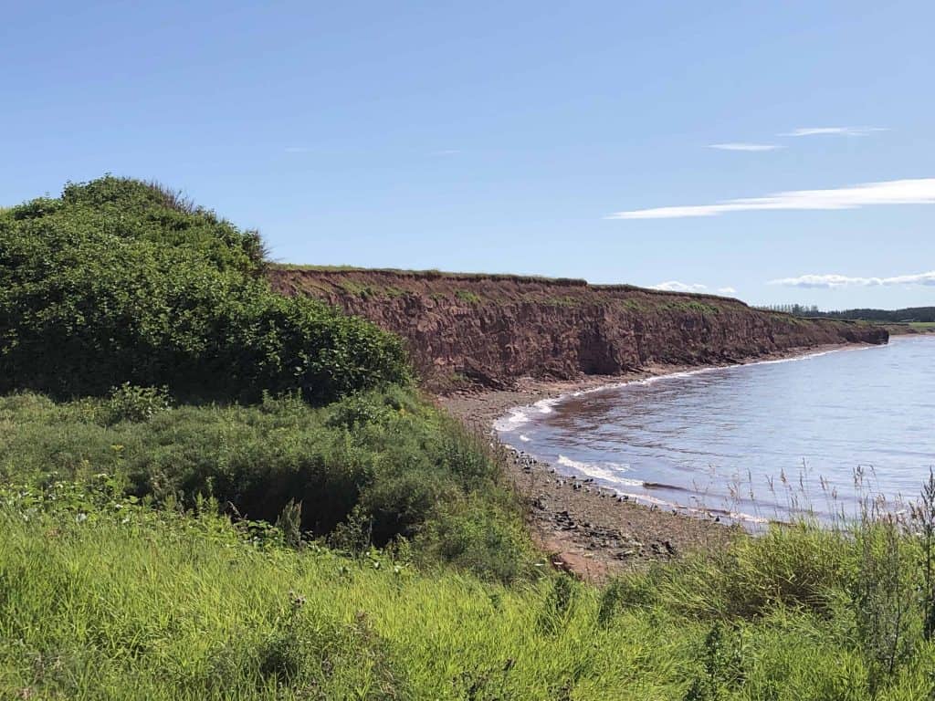 cove with red rock cliffs and grassy knoll - north cape coastal drive