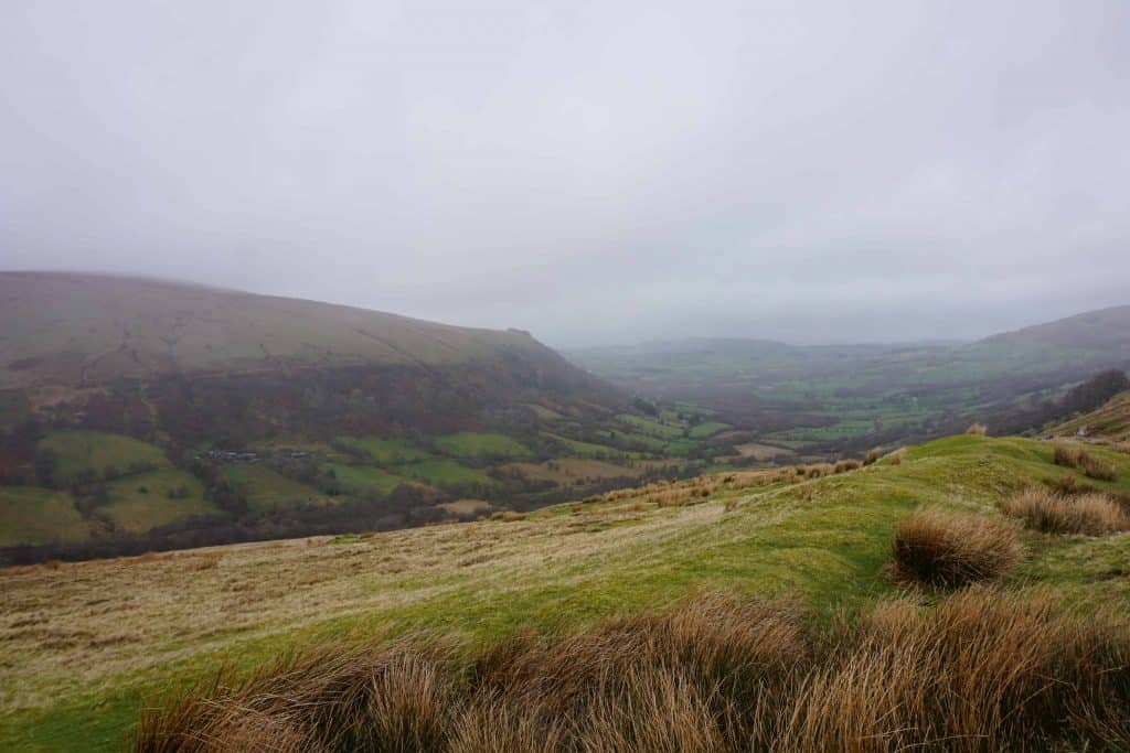 Brecon Beacons National Park on foggy day early spring