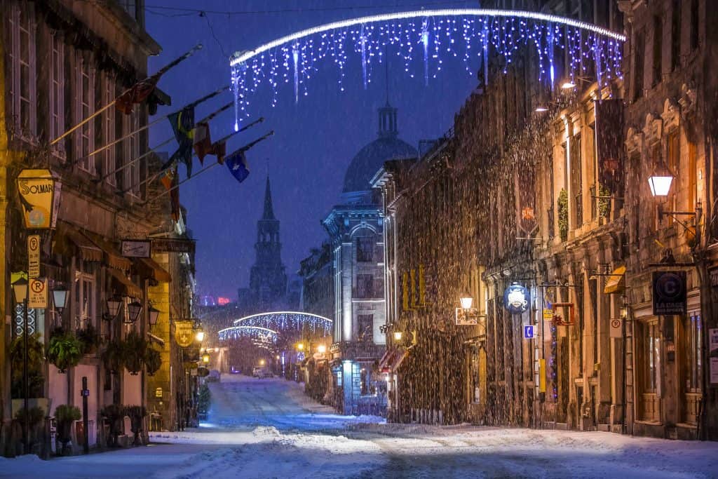 street of old montreal in snow