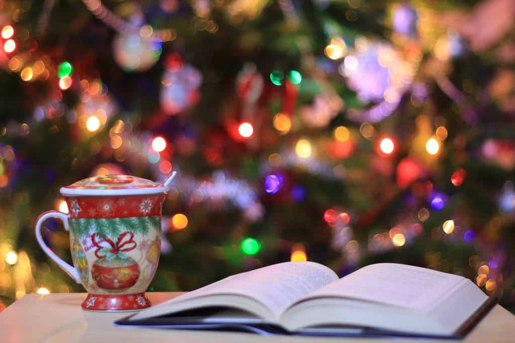 open book and red and green christmas mug